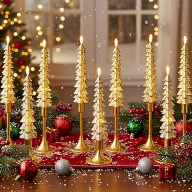 Imagem de FillTouch 9 conjuntos de velas afuniladas de árvore de Natal sem chamas com suportes para árvore de Natal, velas de LED operadas por bateria, castiçal cintilante para mesa de Natal, centro de mesa