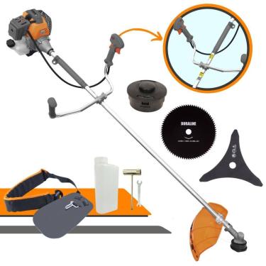 Imagem de Roçadeira Profissional Tekna RL430P 2 Tempos 43cc 1,7HP de Potência Cortador de Grama Com Cabeçote de Nylon + Lâmina 3 Pontas + Lâmina 80 Dentes