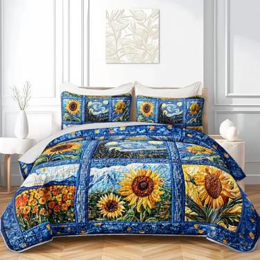 Imagem de QOOMO Conjunto de colcha infantil com estampa de flores, decoração de quarto azul macio e leve para todas as estações, tamanho casal/queen, 1 conjunto de colcha e 2 fronhas