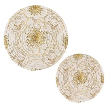 Imagem de Wassud Conjunto de trivet flores elegantes trivet dourado para pratos quentes, suportes redondos de panela, almofadas quentes de algodão, porta-copos resistentes ao calor para decoração de cozinha