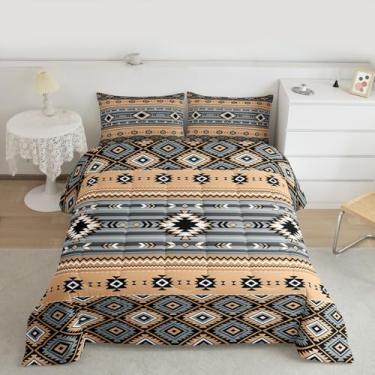 Imagem de jejeloiu Conjunto de edredom boêmio indígena ocidental queen tamanho asteca tribal para crianças, meninos, meninas, étnico, indiano, boêmio, decoração de quarto, amarelo, preto, 3 peças com 2 fronhas