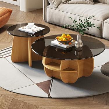 Imagem de Simple Modern Coffee Table set of 2, Glass Tabletop, Thickened Wooden Base, Rounded Corners, Well-shaped Base Design, Suitable for Living Room and Bedroom(Brown,70 * 35+50 * 40cm/28 * 14+20 * 16in)