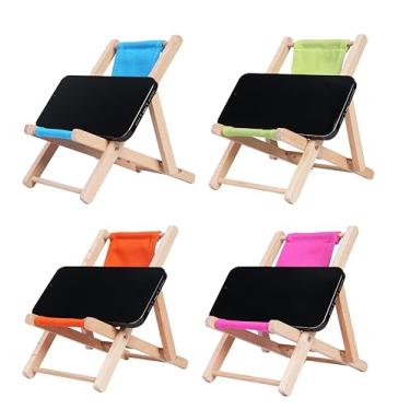 Imagem de Hanpo Suporte de celular de 4 peças para mesa Suporte de celular, cadeira de brinquedos, cadeira de praia de madeira e lona, suporte de mesa para celular inteligente com menos de 14 cm
