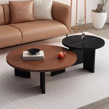 Imagem de Conjunto de 2 mesas de centro modernas, mesa de centro de madeira, mesa lateral para sala de estar, mesa de centro moderna, mesa de centro redonda, mesa central simples moderna (nogueira + preto)