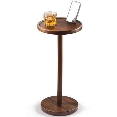 Imagem de BLUEWEST Mesa lateral com pedestal, 26 x 61 cm, base ponderada de acácia, pequena mesa lateral redonda para espaços pequenos com suporte de telefone e orifício para porta de carregamento, mesa de