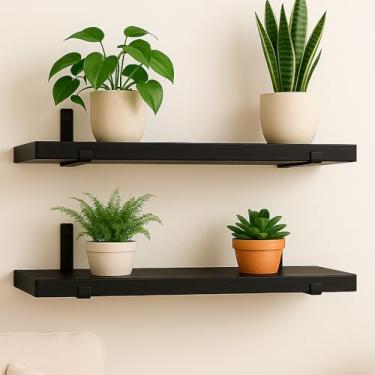 Imagem de Kit Prateleira Industrial com 2 Tabuas de Pinus e 4 Suportes de Ferro Invertido – Inclui Parafusos e Buchas, Ideal para Decoração de Sala, Cozinha e Home Office(Preto,50 Centímetros)