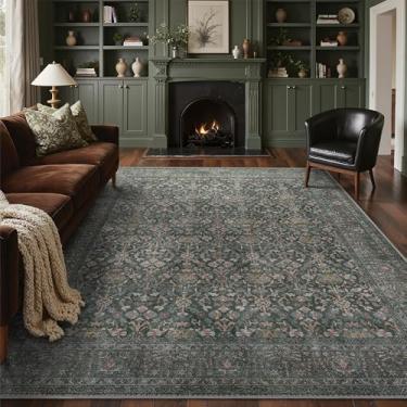 Imagem de Bavni Tapetes laváveis, 20 x 25 cm, lavável à máquina, leve, camada baixa, tapete floral vintage, não cai, para sala de estar, quarto, escritório, verde escuro