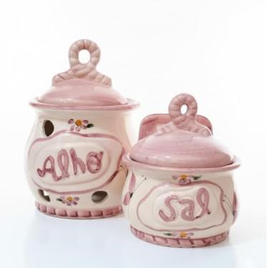 Imagem de Kit Cozinha Prática: Saleiro e Porta Alho em Cerâmica (Design Moderno). (ROSA)