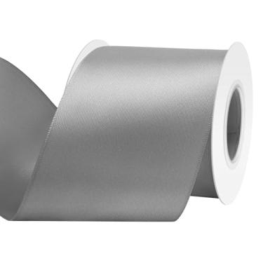 Imagem de Yamkim Fita de cetim prata de poliéster dupla face, fitas de tecido de 7,6 cm e 15 metros para embrulho de presente, buquê de flores de casamento e costura