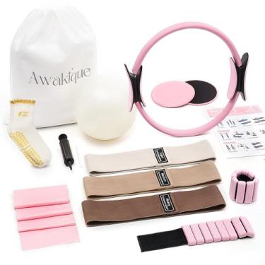 Imagem de Awakique Kit de Pilates, kit essencial de Pilates para mulheres, conjunto de equipamentos de Pilates de corpo inteiro de 14 peças com anel e bola de Pilates, faixas de resistência, pesos no tornozelo