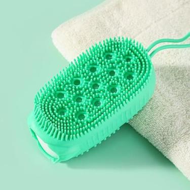 Imagem de Escova de banho de espuma dupla face verde com esponja de urso, esfregão de massagem nas costas para esfoliação e espuma, escova de limpeza corporal de silicone macio para chuveiro