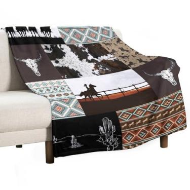 Imagem de Cobertor de caubói vintage rústico asteca casa de fazenda caubói ocidental cacto touro caveira macio aconchegante leve cobertor para meninos meninas adolescentes homens quarto sala de estar dormitório