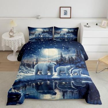 Imagem de Jogo de cama queen com ursos polares fofos, estrelas, lua, neve, rio, desenho animado, vida selvagem, azul escuro, bege, conjunto de edredom com 3 peças, 2 fronhas