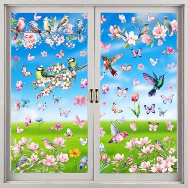Imagem de QNTCCX Adesivos de janela primavera e verão – 69 peças adesivos anticolisão de pássaro, borboleta e beija-flor, adesivos de fixação estática de flor de tulipa, decorações de janela dupla face para