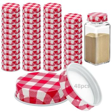 Imagem de 48 tampas de pote de ferro para potes quadrados de 113 g e 170 g reutilizáveis latas herméticas de armazenamento de especiarias tampas de conserva para cozinha de boa vedação (grade vermelha)