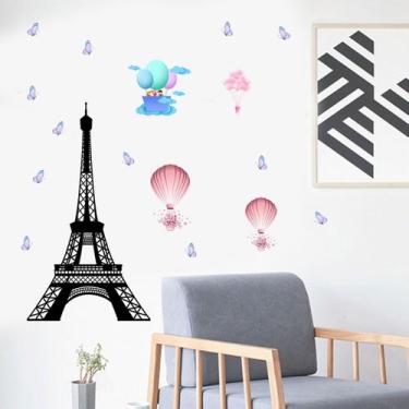 Imagem de Adesivos de parede Torre Eiffel com balões de ar quente e borboletas -