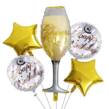 Imagem de Conjunto de taça de champanhe e balão de feliz aniversário (5 unidades