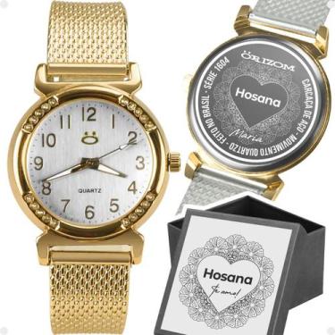 Imagem de relogio feminino inox dourado silicone banhado aço + caixa personalize