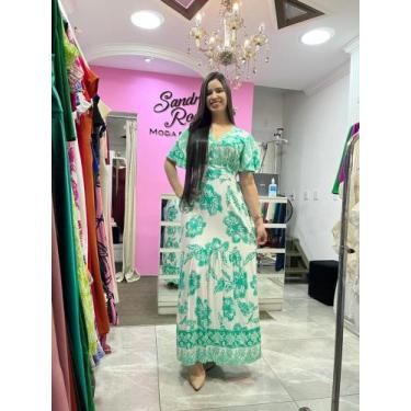 Imagem de Vestido feminino adulto  longo floral de viscose verde - Sandra, m