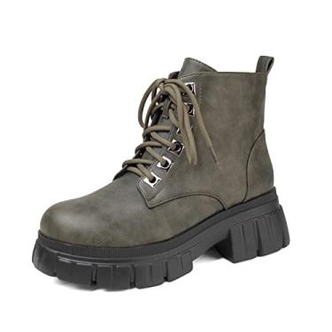 Imagem de GATUXUS Botas femininas de combate de cano curto com cadarço, salto grosso, plataforma, caminhadas, botas de neve confortáveis, Verde militar, 8