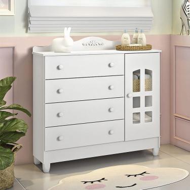 Imagem de Cômoda Infantil Provençal 4 Gavetas com Porta Lisa Branco Brilho Carolina Baby