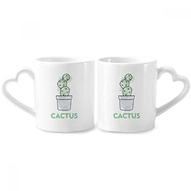 Imagem de Conjunto de canecas de porcelana para casais de plantas de aquarela de cacto, suculentas em vaso com alça de coração