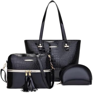 Imagem de Conjunto de bolsa feminina de couro com borlas bolsa de ombro bolsa de mão carteira bolsa mensageiro conjunto de 3 peças, Preto, One Size