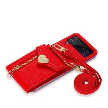 Imagem de Capa de celular com alça de pulso transversal para Samsung Galaxy Z Flip 5 4 3 Flip5 Flip4 Flip3 5G Carteira com compartimento para cartão, capa de couro, vermelha, para Galaxy Z Flip 3 5G