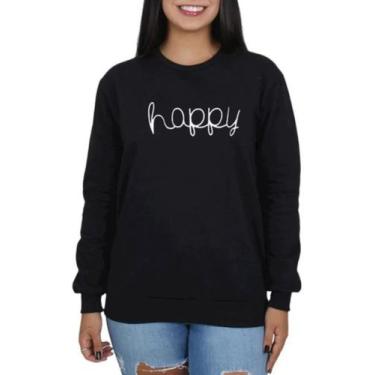 Imagem de Moletom Gola Redonda Happy Blusa Tumblr Feliz - SEMPRENALUTA , Preto, 