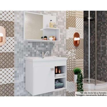 Imagem de Bancada De Banheiro Balcão Suspenso LótuSem bia Com Cuba 55cm E Armário Com Espelho Branco - Mgm