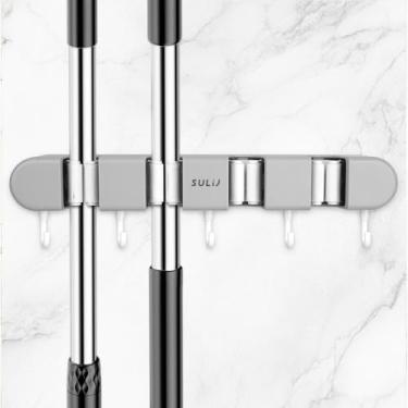 Imagem de ReignSword Suporte de parede para esfregão e vassoura, 4 prateleiras e 5 ganchos autoadesivos, organizador de garagem, porta-ferramentas para cozinha, jardim, lavanderia (cinza)