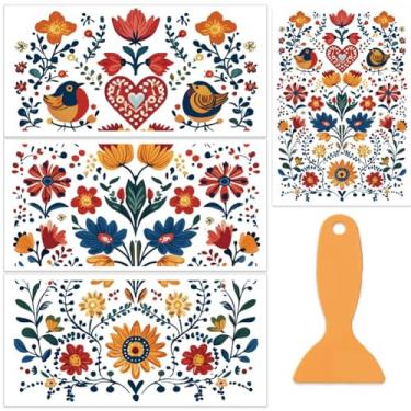 Imagem de OLYCRAFT 3 pçs/conjunto flores pássaros esfregar em transferências para móveis e artesanato 30,5 x 15,2 cm adesivos coloridos de transferência de móveis com 1 peça raspador para decoração de móveis de