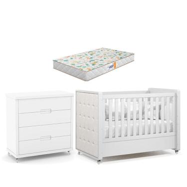 Imagem de Berço Americano com Capitonê New Boucle e Cômoda Gaveteiro Infantil Tutto New Branco Acetinado e Colchão Gazin - Matic