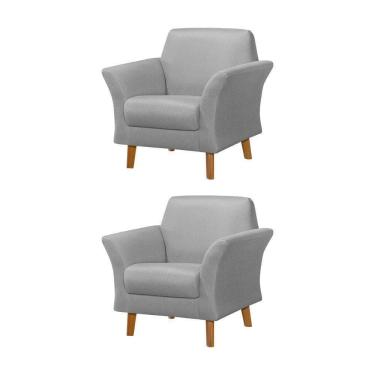 Imagem de Kit 2 Poltronas Retrô Pés Em Madeira Maciça Jamaica Linho Cinza - Cinza
