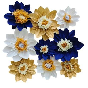 Imagem de Mybbshower Flor De Papel Crepom Para Decoração Parede, Pompons, Festa Aniversário Meninas, Cenário, Chá Bebê, Pacote Com 9 (Azul Marinho Dourado)