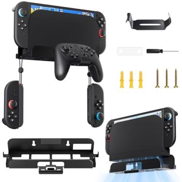 Imagem de GLDRAM Suporte de parede para Nintendo Switch 2 (2025), acessórios de prateleira com suporte de suspensão de metal preto com suporte de armazenamento de capôs suspensos Joncon & Pro Controller - com
