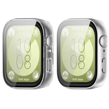 Imagem de Yrzper Compatível com Huawei Watch Fit 3 Capa rígida de PC com protetores de tela de vidro temperado, capa protetora completa para Huawei Watch Fit 3 (prata + transparente)