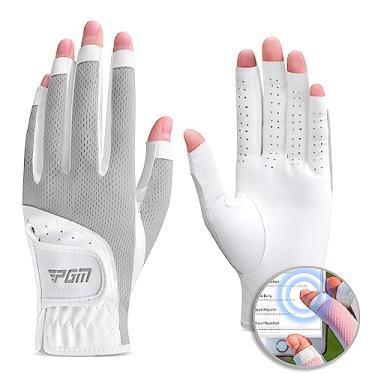 Imagem de PGM Luva de golfe feminina, um par, design de dedo aberto, tecido de malha respirável, sistema de aderência aprimorado, fresco e confortável