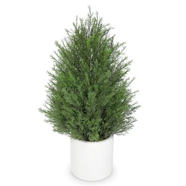 Imagem de Briful Topiária artificial de cedro de 68,5 cm em plantador branco – Planta realista falsa perene com folhas em camadas, arbusto decorativo em vaso interno e externo para casa, escritório, pátio
