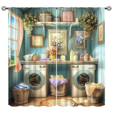 Imagem de Cortinas de lavanderia country aquarela, pintura a óleo retrô de casa de fazenda, flor, lavagem rural, decoração dobrável, tratamentos de janela para varão, para quarto de criança, banheiro, hotel