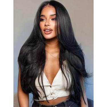 Imagem de KLAIYI Peruca Easicontour V Part Yaki, Cabelo Humano Liso, Sem Cola, Perucas U Para Mulheres, Com Clipe Ao Meio, Mágica, Couro Cabeludo Real, Pronta Iniciantes, Cor Preta Natural, 24 Polegadas