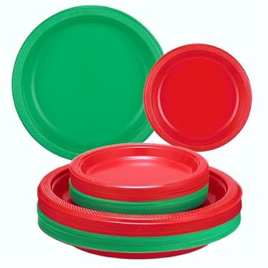 Imagem de Layhit 100 peças de pratos de plástico de Natal, descartáveis, 18 cm e 25 cm, pratos redondos vermelhos e verdes, pratos de sobremesa para eventos de piquenique, salada, bolo, aperitivo, suprimentos
