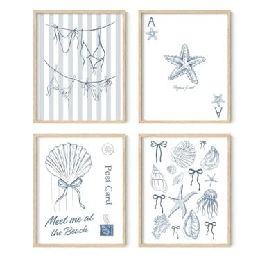 Imagem de XYDEG Arte de parede litorânea azul, neta costeira estética praia meninas dormitório conjunto de arte moderna com 4, 20 x 25 (sem moldura) Impressão de cartão postal Meet Me At The Beach