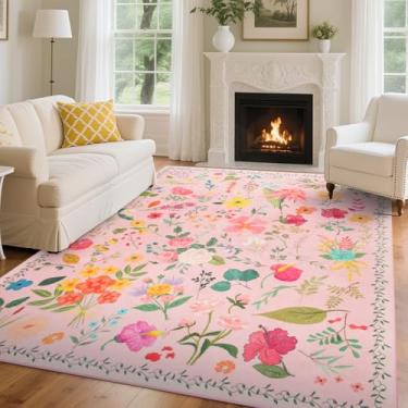 Imagem de Tapetes florais para sala de estar, 12 x 18 cm, lavável, boho, antiderrapante, resistente a manchas, floral, macio, para quarto, escritório, sala de jantar, sala de jogos infantil