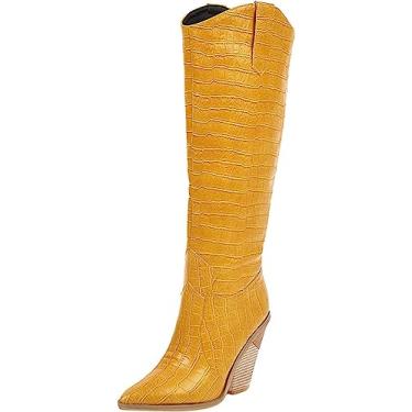 Imagem de Bota feminina acima do joelho, salto com zíper, cano baixo, anabela, retrô, bico fino, botas de combate para trabalho, Amarelo, 8.5