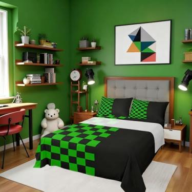 Imagem de Manfei Jogo de cama solteiro geométrico xadrez, jogo de cama de videogame, decoração de quarto de meninos e meninas, preto e verde (com elástico + 1 fronha)