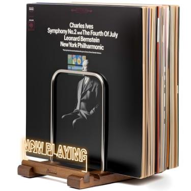 Imagem de Onmiwod Suporte de disco de vinil para 35 LPs, suporte de disco de vinil iluminado agora, organizador de armazenamento de álbum de madeira, suportes de álbum para exibição de discos, acessórios