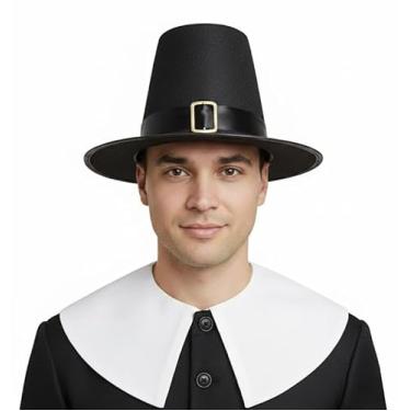 Imagem de PMU Chapéu de peregrino de Ação de Graças para adultos, acessórios para fantasia de festa, Chapéu preto masculino, Pkg of 1