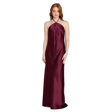 Imagem de MORGAN AND CO. Vestido feminino longo de cetim frente única frente única – Vestido longo vazado com gola amarrada para formatura e coquetéis, Borgonha, PP