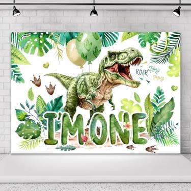 Imagem de Omifly Dinossauro Feliz Aniversário 17 x 13 cm A Pano de Fundo para Fotografia Infantil Desenho Tropical Verde Folhas de Palmeira Selva Animal Balão de Fundo Decorações de Festa Decoração de Mesa de